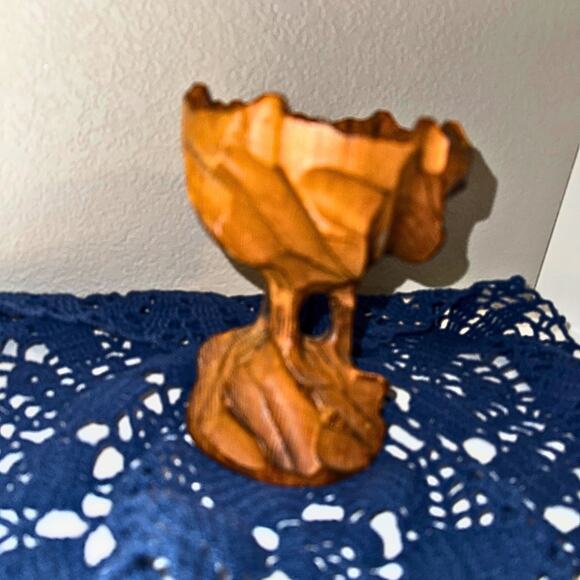 Hand-Carved Wood Pedestal Bowl – Rustic Sculptural Wooden Dish (6.25” Wide) - Picture 9 of 10